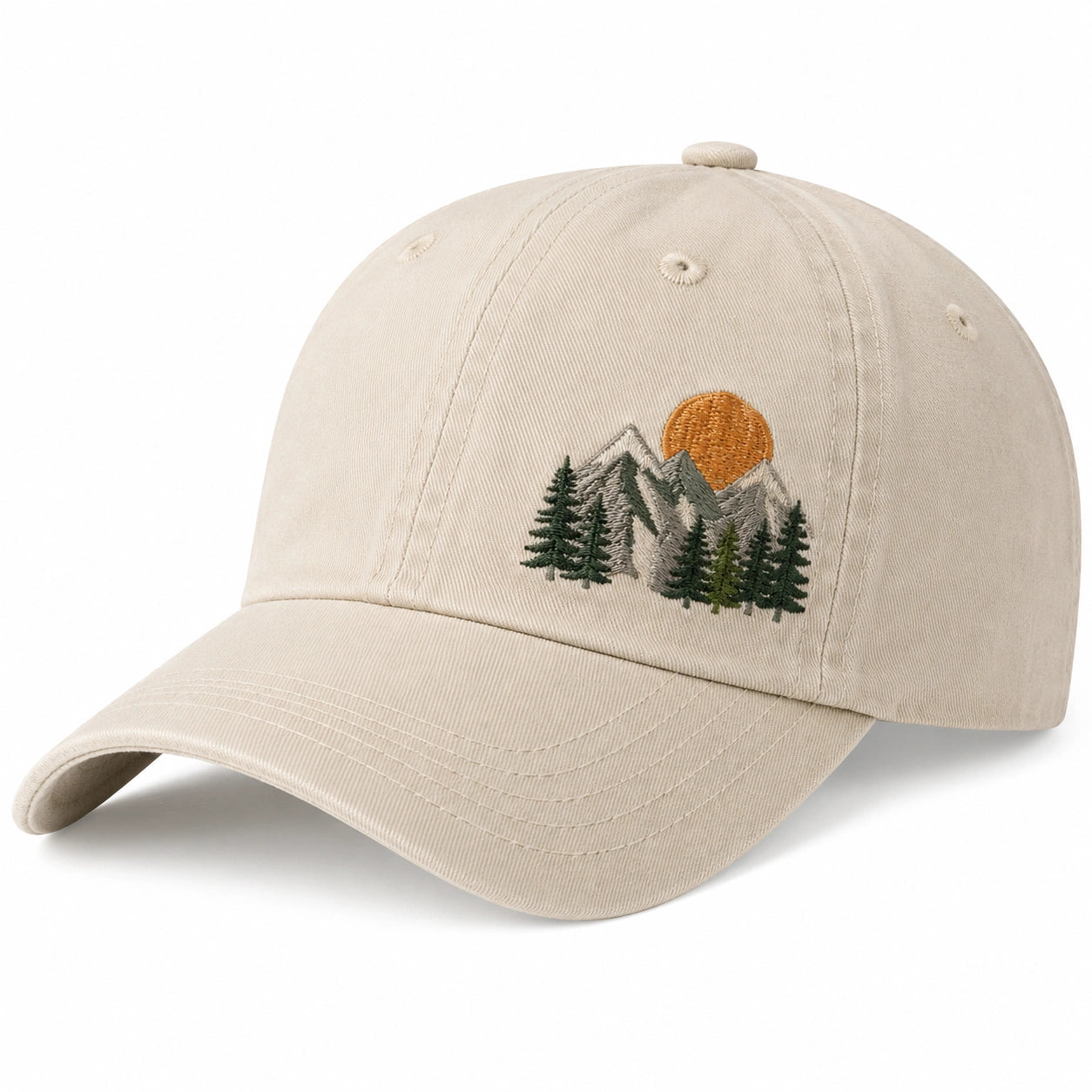 Beige Basecap mit Berg- und Sonnenstickerei, Verstellbar