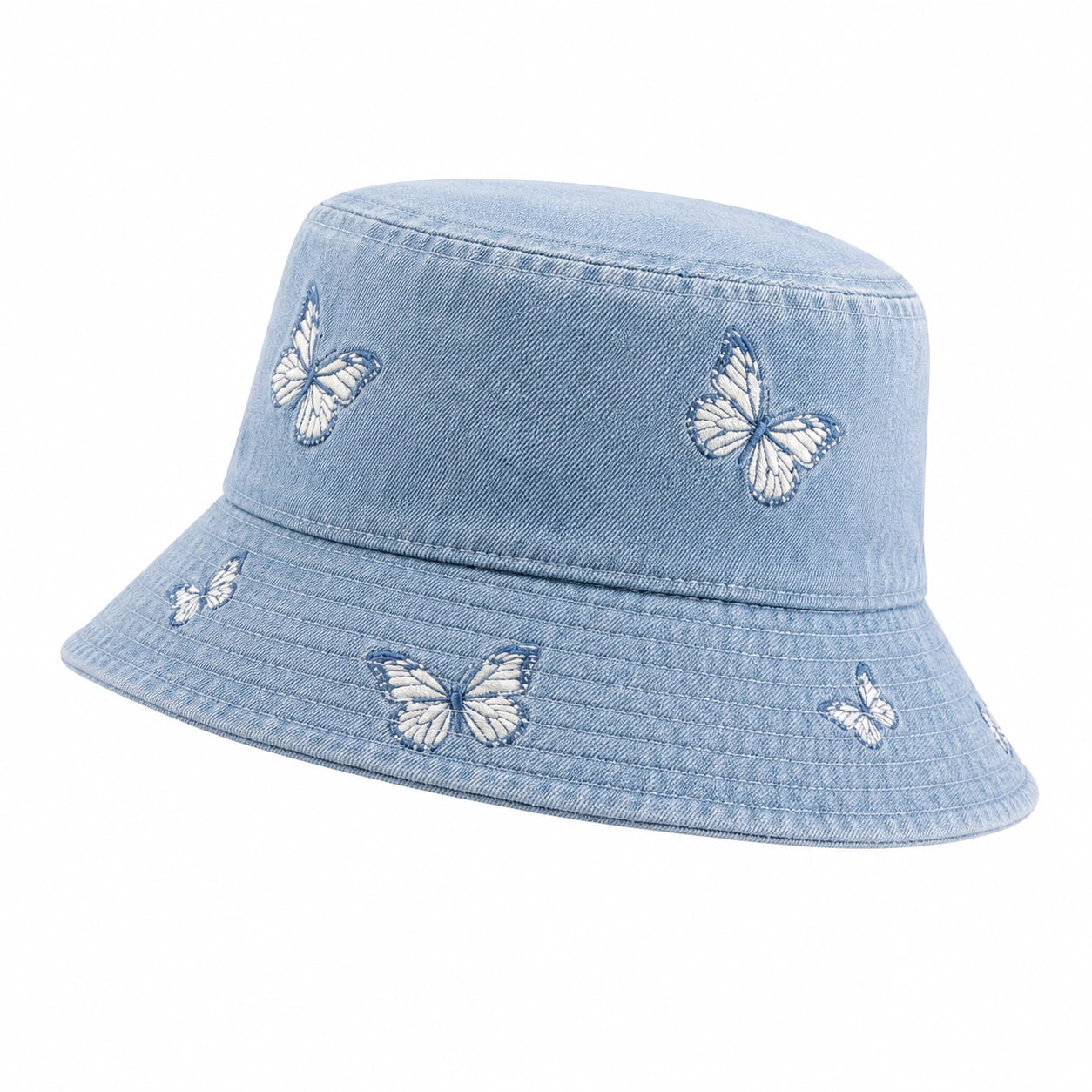 Unisex Fischerhut mit Schmetterlingsstickerei Hellblau