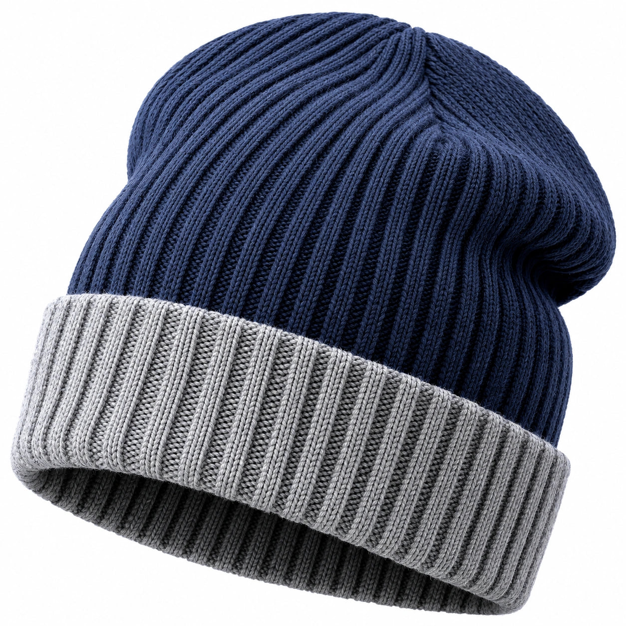 Unisex Rippstrick Beanie Mütze Blau/Grau