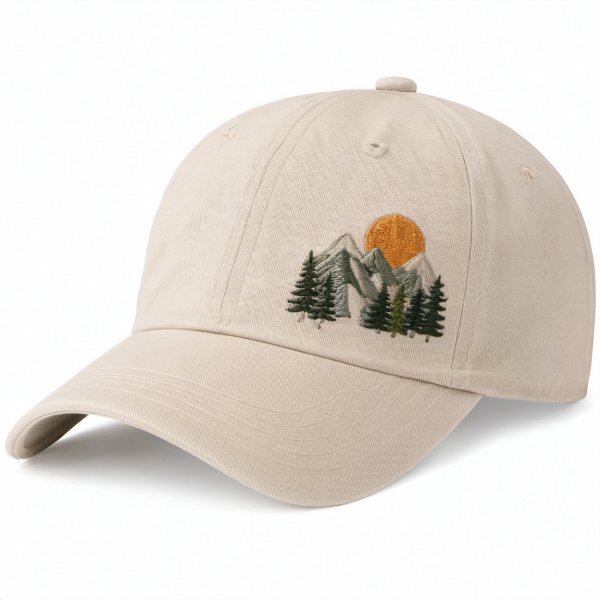 Beige Basecap mit Berg- und Sonnenstickerei, Verstellbar