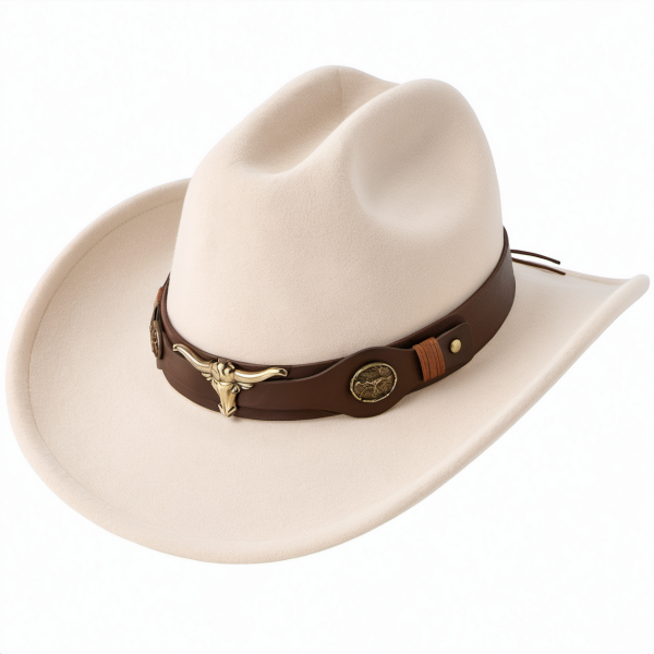 Western Cowboyhut Beige mit Lederband und Metallemblem