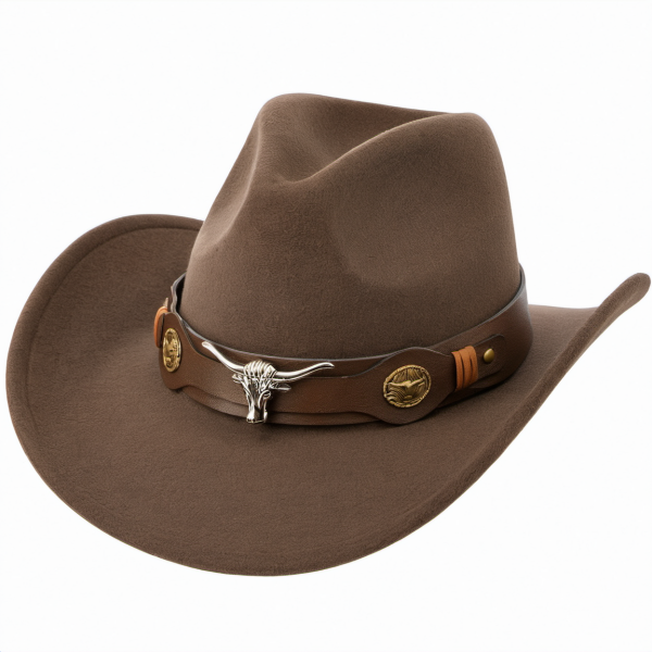 Brauner Cowboyhut mit Stiermotiv im Westernstil