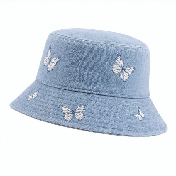 Unisex Fischerhut mit Schmetterlingsstickerei Hellblau