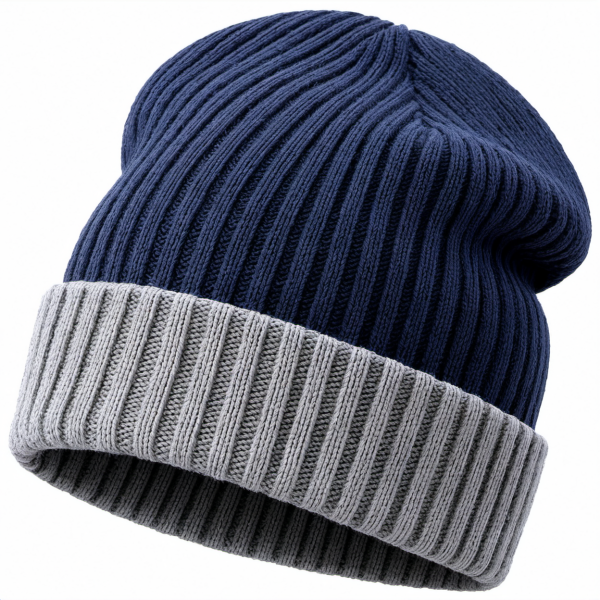 Unisex Rippstrick Beanie Mütze Blau/Grau